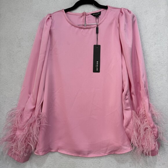 Beulah Style Blouse Womens Small Pink Satin Feather Cuff Long Sleeve MC2598 - Picture 1 of 11